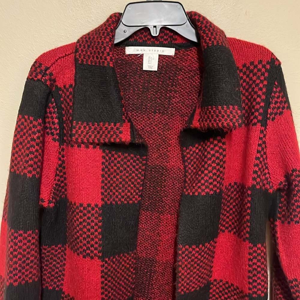 Max Studio Plaid Wool Blend Open Front Sweater Cardigan